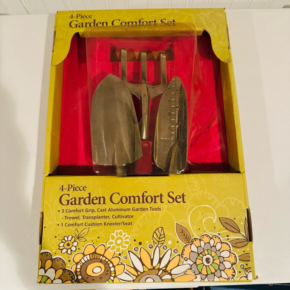 Garden Comfort Grip Cast Aluminum Tools & Cushion Kneeler Set 4 Piece NEW